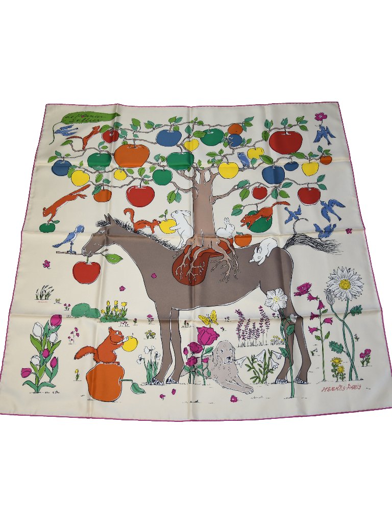 Hermes Le Pommier Sellier Carre 90 Scarf Cream
